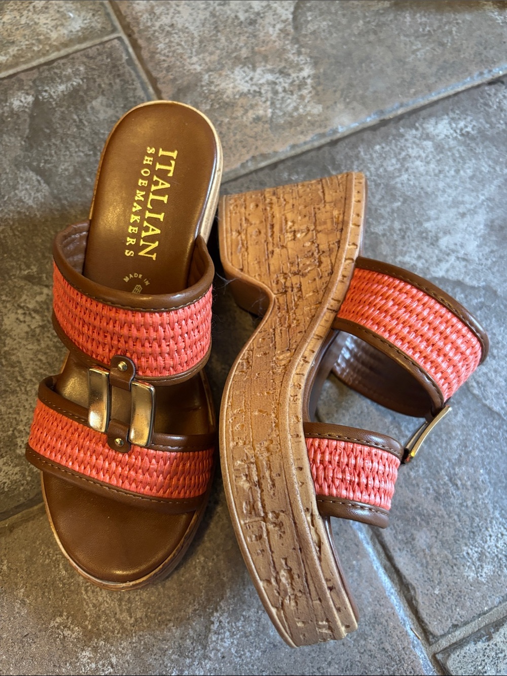 Italian Shoemakers Coral and Brown Woven Wedge Sandals